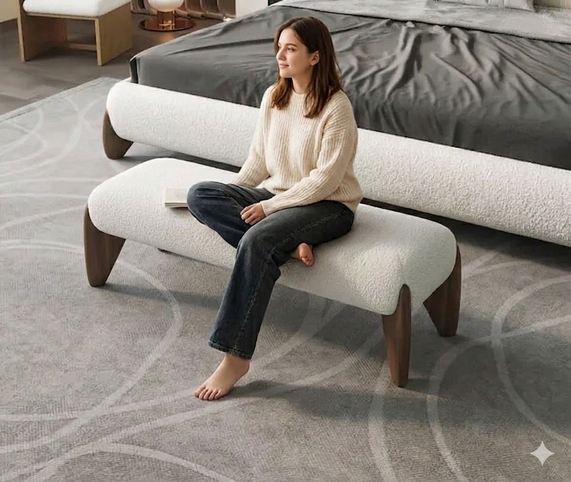 Бенкетка Japandi Boucle Bench с деревянными опорами - к кровати / спальне, премиум дизайн, производитель Mgold