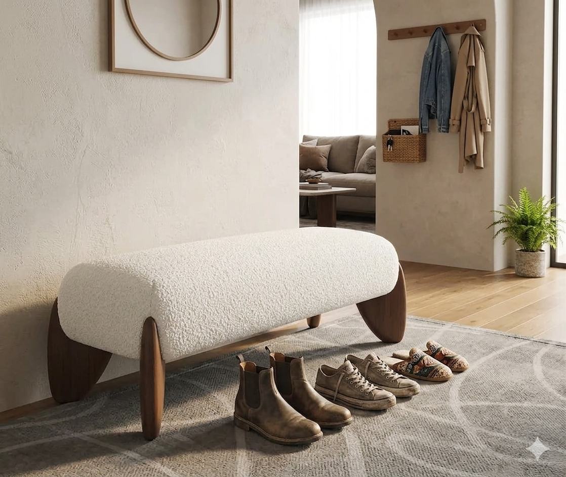 Бенкетка Japandi Boucle Bench с деревянными опорами - к кровати / спальне, премиум дизайн, производитель Mgold