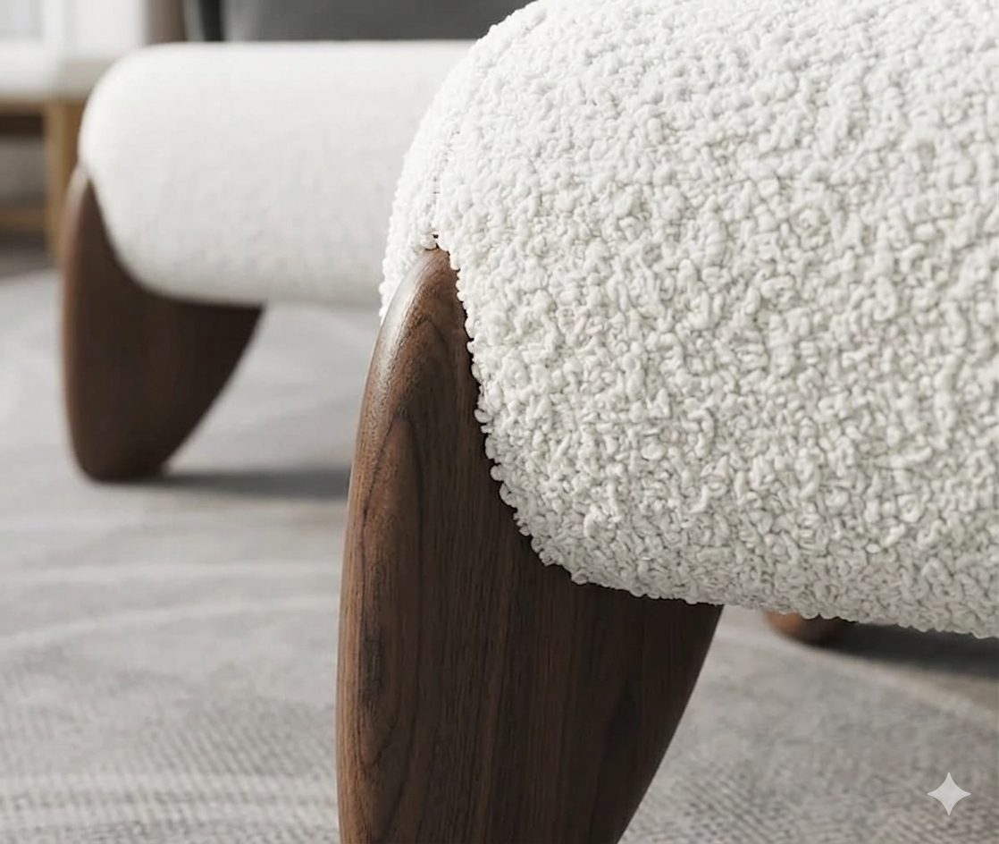 Бенкетка Japandi Boucle Bench с деревянными опорами - к кровати / спальне, премиум дизайн, производитель Mgold