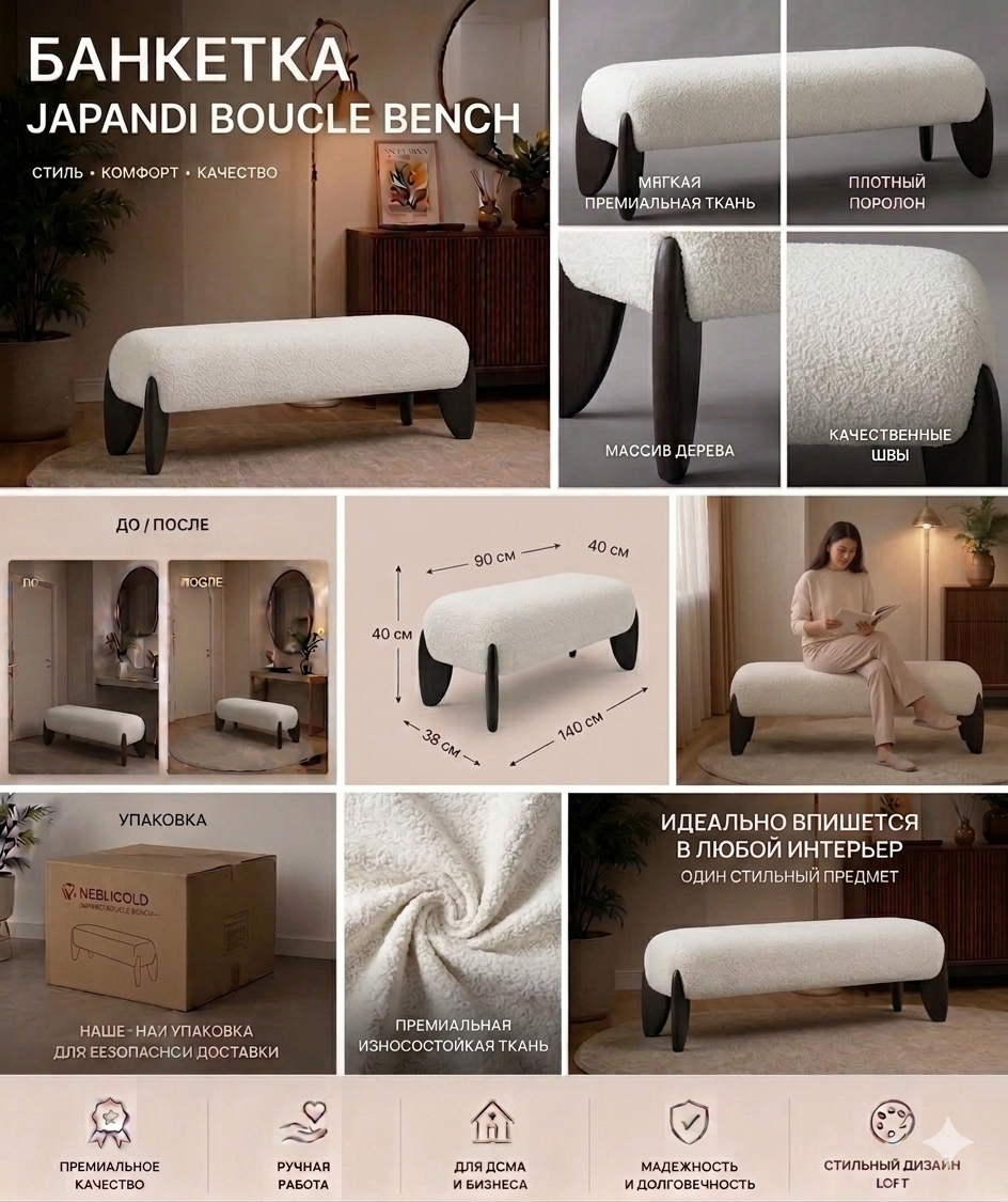 Бенкетка Japandi Boucle Bench с деревянными опорами - к кровати / спальне, премиум дизайн, производитель Mgold